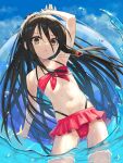  1girl absurdres alastor_(shakugan_no_shana) arm_up bare_arms bare_shoulders bikini black_hair blue_sky commentary cowboy_shot day flat_chest frilled_bikini frills highres innertube jewelry long_hair looking_at_viewer navel necklace ocean ohlia outdoors parted_lips partially_underwater_shot print_innertube red_bikini revision shakugan_no_shana shana sky solo stomach swimsuit very_long_hair wading water_drop wet yellow_eyes 