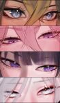  4girls absurdres bangs blue_eyes column_lineup dehya_(genshin_impact) eye_focus eyeshadow genshin_impact hair_between_eyes highres lart_art1 looking_at_viewer makeup mole mole_under_eye multiple_girls panels pink_eyes pink_hair purple_eyes purple_hair raiden_shogun shenhe_(genshin_impact) white_hair yae_miko 