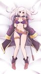  1girl absurdres alternate_costume alternate_eye_color ass_visible_through_thighs belt bikini black_eyes blush breasts brown_gloves closed_mouth collarbone commission dakimakura_(medium) fire_emblem fire_emblem_awakening fire_emblem_heroes fizintine gloves highres large_breasts looking_at_viewer lying navel o-ring o-ring_bikini o-ring_top official_alternate_costume on_back purple_bikini robin_(fire_emblem) robin_(fire_emblem)_(female) smile solo swimsuit twintails white_hair 