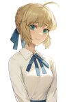  1girl absurdres ahoge artoria_pendragon_(fate) blonde_hair blue_ribbon blush breasts closed_mouth collared_shirt cotta_(heleif) fate/grand_order fate/stay_night fate/zero fate_(series) green_eyes hair_between_eyes hair_ribbon highres long_sleeves looking_at_viewer ribbon saber shirt small_breasts smile solo white_background white_shirt 
