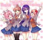  4girls :d ;d anniversary arm_up bangs black_thighhighs blue_eyes blue_skirt bow brown_hair brown_vest commentary_request copyright_name doki_doki_literature_club english_text eyes_visible_through_hair fang green_eyes grey_jacket hair_between_eyes hair_bow hair_ornament hair_ribbon hairclip hand_on_another&#039;s_back highres holding_hands interlocked_fingers jacket long_hair long_sleeves looking_at_viewer milestone_celebration monika_(doki_doki_literature_club) multiple_girls nan_(gokurou) natsuki_(doki_doki_literature_club) neck_ribbon one_eye_closed open_clothes open_jacket open_mouth pink_eyes pink_hair pleated_skirt polka_dot polka_dot_background ponytail purple_eyes purple_hair red_bow red_ribbon ribbon sayori_(doki_doki_literature_club) school_uniform shirt short_hair simple_background skin_fang skirt smile swept_bangs thighhighs two_side_up very_long_hair vest watermark waving white_ribbon white_shirt wing_collar yuri_(doki_doki_literature_club) zettai_ryouiki 