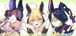  3boys :d aether_(genshin_impact) ahoge animal_ear_fluff animal_ears animal_hood asymmetrical_sleeves bangs black_gloves blonde_hair blunt_ends blush card cyno_(genshin_impact) ear_gesture earrings flower fox_boy fox_ears genshin_impact gloves gold_trim green_eyes green_hair hair_between_eyes hair_over_one_eye holding holding_card hood jewelry long_hair looking_at_viewer medal miryoryo9 multicolored_hair multiple_boys open_mouth red_eyes scarf single_earring smile streaked_hair tighnari_(genshin_impact) touching_ears twitter_username upper_body white_hair white_scarf yellow_eyes yellow_flower 