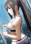  1girl ass bangs bare_shoulders black_hair black_pants blue_archive bottle breasts choker cityscape commentary_request cowboy_shot crop_top fagi_(kakikaki) from_side green_choker hair_between_eyes hair_ornament hair_scrunchie holding holding_bottle indoors large_breasts long_hair midriff pants parted_lips partial_commentary ponytail profile purple_eyes purple_scrunchie scrunchie sidelocks solo sports_bra standing sumire_(blue_archive) sweat sweatband very_long_hair water_bottle white_sports_bra window yoga_pants 