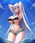 1girl absurdres ahoge armpits arms_up bikini black_bikini black_choker blue_sky breasts choker cleavage commission food food_in_mouth grey_shorts highres large_breasts long_hair looking_at_viewer micro_shorts mouth_hold o2h2_oh4 ocean open_fly original outdoors popsicle purple_eyes shorts side-tie_bikini_bottom sky solo standing string_bikini summer swimsuit very_long_hair wading wet white_hair 
