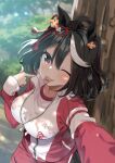  1girl ;) ahoge animal_ears black_hair hair_between_eyes hair_ornament hair_ribbon highres horse_ears horse_girl jacket kitasan_black_(umamusume) long_sleeves looking_at_viewer multicolored_hair one_eye_closed red_eyes red_ribbon red_track_suit ribbon sasanon_(sasapoliton) shirt short_hair smile solo streaked_hair tracen_training_uniform track_jacket umamusume white_hair white_shirt 