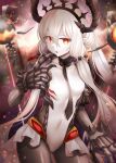  1girl abyssal_ship black_necktie claws colored_skin cowboy_shot fast_light_carrier_water_demon gauntlets hair_between_eyes horns kantai_collection long_hair necktie pale_skin parted_lips pointy_ears red_eyes revision rui_shi_(rayze_ray) solo white_hair white_skin 