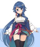  1girl :o absurdres bangs bare_shoulders black_shorts black_thighhighs blue_background blue_eyes blue_hair commentary cowboy_shot frilled_sleeves frills hair_ornament hairclip highres long_hair long_sleeves looking_at_viewer project_gen2 shiraha_maru short_shorts shorts simple_background single_sidelock solo tassel thigh_gap thighhighs tsubasa_aiba two-tone_background very_long_hair virtual_youtuber white_background wide_sleeves 