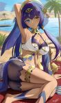  1girl ass beach blue_eyes breasts candace_(genshin_impact) closed_mouth cup dark-skinned_female dark_skin day genshin_impact gold hair_ornament heterochromia highres long_hair low_twintails lying may9 medium_breasts on_side outdoors purple_hair solo thighlet twintails twisted_torso yellow_eyes 