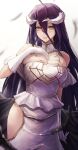  1girl absurdres ahoge albedo_(overlord) arm_behind_back bare_shoulders black_hair black_wings blurry blurry_background breasts cleavage closed_mouth commentary curled_horns demon_girl demon_horns detached_collar dress feathered_wings feathers gloves gold_trim hair_between_eyes hand_on_own_chest high-waist_dress highres horns large_breasts long_dress long_hair looking_at_viewer low_wings off-shoulder_dress off_shoulder overlord_(maruyama) simple_background slit_pupils smile solo spider_web_print thighs white_background white_dress white_gloves wings yellow_eyes zoe_(z_o_e_7) 