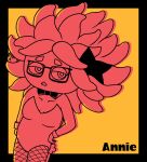  anemonemisc animal_humanoid annie_(splatoon) anthozoan anthozoan_humanoid big_hair bow_tie bunny_costume clothing clownfish cnidarian cnidarian_humanoid costume eyewear female fish fishnet fishnet_legwear flat_chested glasses hair hand_on_hip hi_res humanoid legwear looking_aside marine marine_humanoid nintendo pomacentrid pseudo_hair sea_anemone sea_anemone_humanoid simple_background solo splatoon square_glasses text video_games yellow_background 