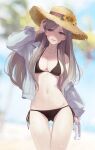  1girl bangs bare_shoulders beach bikini black_bikini blurry blurry_background bottle breasts brown_eyes brown_hair cleavage collarbone day flower hat highres holding holding_bottle jacket jewelry long_hair medium_breasts mole natsume_yochiki navel necklace off_shoulder open_clothes original outdoors parted_lips side-tie_bikini_bottom skindentation sky solo standing stomach straw_hat string_bikini sun_hat sunflower sweat swimsuit thigh_gap thighs water_bottle 