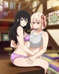  2girls :o ass black_hair blonde_hair blurry blurry_background bra breasts closed_mouth crop_top from_side grey_eyes highres indoors inoue_takina lace-trimmed_bra lace-trimmed_panties lace_trim large_breasts long_hair looking_at_viewer looking_to_the_side lycoris_recoil multiple_girls navel nishikigi_chisato open_mouth panties pink_bra pink_panties red_eyes sbel02 short_hair small_breasts smile tank_top thighs underwear underwear_only yuri 