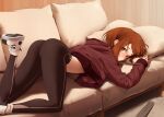  1girl ass black_pants blush boku_no_hero_academia brown_eyes brown_hair brown_hoodie controller couch highres hood hood_down hoodie indoors kuroneko_pantsu long_sleeves looking_at_viewer lying midriff_peek on_stomach pants remote_control shoes sneakers solo tight tight_pants uraraka_ochako white_footwear 