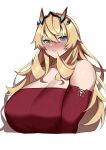  1girl absurdres bangs bare_shoulders blonde_hair blush breasts cleavage collarbone fairy_knight_gawain_(fate) fairy_knight_gawain_(like_a_lady)_(fate) fate/grand_order fate_(series) green_eyes highres horns huge_breasts imuzi long_hair long_sleeves looking_at_viewer off-shoulder_sweater off_shoulder red_sweater solo sweater 
