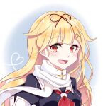  1girl black_ribbon black_serafuku blonde_hair chiyori_(soleilandiris) hair_flaps hair_ornament hair_ribbon hairclip highres kantai_collection long_hair looking_at_viewer neckerchief one-hour_drawing_challenge red_eyes red_neckerchief ribbon sailor_collar scarf school_uniform serafuku smile solo upper_body white_sailor_collar white_scarf yuudachi_(kancolle) 