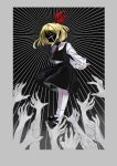  1girl arms_behind_back black_skirt black_vest blonde_hair border chamaruku collared_shirt cross disembodied_limb faceless frilled_shirt_collar frills grey_border interlocked_fingers long_sleeves necktie reaching_out red_necktie rumia shirt shoes short_hair skirt socks solo touhou vest white_shirt wing_collar 