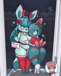  &lt;3 3_toes 4_fingers anthro bell bell_collar biped blue_body blue_eyes blush breasts butt claws clothed clothing collar detailed_background duo eeveelution eyelashes feet female fingers frisky-cabra front_view frown generation_2_pokemon generation_4_pokemon glaceon hi_res human legwear looking_at_viewer looking_back looking_back_at_viewer mammal navel nintendo panties pawpads pokemon pokemon_(species) question_mark rear_view red_nose ribbons skimpy smile sneasel thigh_highs toes underwear video_games 