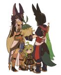  1girl 2boys animal_ears animal_hat aranara_(genshin_impact) bangs black_gloves black_hair black_headwear boots closed_mouth collei_(genshin_impact) cyno_(genshin_impact) dark-skinned_male dark_skin egyptian_clothes flying_sweatdrops fox_boy fox_ears fox_tail genshin_impact gloves green_hair grey_hair hair_over_one_eye hat highres holding iwashi_(iwashi008) multicolored_hair multiple_boys purple_eyes red_eyes simple_background standing sweat tail tighnari_(genshin_impact) trembling white_background 