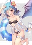  1girl ;d ahoge arm_up armpit_crease bangs bare_shoulders barefoot bat_earrings bat_wings black_ribbon blue_hair blue_innertube blush braid breasts collarbone commentary_request earrings fang flower hair_flower hair_ornament hair_ribbon hibiscus holding holding_clothes holding_footwear jewelry looking_at_viewer one_eye_closed open_mouth red_eyes remilia_scarlet ribbon ruhika short_hair single_braid small_breasts smile solo thigh_strap touhou wings 