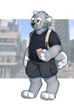  anthro asnnonaka backpack belly black_clothing black_nose black_topwear blurred_background bottomwear cellphone clothed clothing ear_plugs elbow_tuft eyewear fangs full-length_portrait fur glasses glistening glistening_eyes grey_body grey_bottomwear grey_clothing grey_ears grey_fur grey_horn grey_shorts grey_tail holding_cellphone holding_object holding_phone holding_smartphone horn male mouth_closed overweight overweight_anthro overweight_male phone photo_background portrait shorts signature smartphone solo square_glasses three-quarter_view topwear white_horn white_tail 