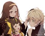  1girl 2boys ^_^ ^o^ artist_name bangs black_gloves blonde_hair blush brown_eyes brown_hair chacha_(fate) child closed_eyes closed_mouth commentary_request fate/grand_order fate_(series) gloves green_eyes grey_hair hair_tie hairband head_rub ishida_mitsunari_(fate) japanese_clothes long_hair long_sleeves looking_at_another male_child meiji_ken mother_and_son multicolored_hair multiple_boys no_headwear open_mouth parted_bangs parted_lips short_hair shusha_(fate) sidelocks simple_background smile turtleneck two-tone_hair upper_body very_long_hair white_background wide_sleeves yellow_hairband 