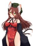  1girl absurdres aged_up alternate_costume animal_ears breasts brown_hair cat_ears cat_tail chen chinese_clothes dress green_eyes green_headwear hat highres long_hair nekomata simple_background solo tail touhou uchisaki_himari white_background 