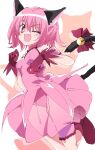  1girl ;d animal_ears bell bow bowtie bright_pupils cat_ears cat_girl cat_tail commentary dress fang gloves ixy jingle_bell looking_at_viewer mew_ichigo momomiya_ichigo one_eye_closed pink_dress pink_hair red_bow red_bowtie red_eyes red_gloves short_hair simple_background smile solo symbol-only_commentary tail tail_bell tail_ornament tokyo_mew_mew white_background white_pupils 