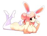  1girl absurdres animal_ear_fluff animal_ears ass bare_shoulders black_eyes breasts finger_in_own_mouth fiz_(fizintine) fizintine hair_bun hair_tie heart highres large_areolae large_breasts looking_at_viewer lying medium_hair nipples on_stomach original pink_hair rabbit_ears rabbit_girl rabbit_tail single_hair_bun solo tail the_pose thighhighs thighs white_background white_tail white_thighhighs 