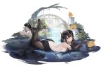  1girl azur_lane bangs bare_back bare_shoulders black_dress black_footwear black_gloves black_hair blush breasts chen_hai_(azur_lane) chen_hai_(cerulean_ripples)_(azur_lane) dress elbow_gloves evening_gown full_body gloves gujianshaonu hair_between_eyes hair_ornament head_rest high_heels highres jewelry large_breasts legs_up long_hair looking_at_viewer lying manjuu_(azur_lane) official_alternate_costume official_art on_stomach on_water pantyhose parted_lips partially_submerged purple_eyes sidelocks smile soles transparent_background water 