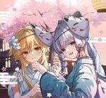  2girls :d bangs blue_kimono branch camunekoz cat_mask cherry_blossoms copyright_request floral_background floral_print flower fox_mask hanami holding holding_mask japanese_clothes kimono long_hair looking_at_viewer mask mask_on_head mask_removed mouth_mask multiple_girls oni_mask petals pink_flower pink_kimono smile spring_(season) tree 