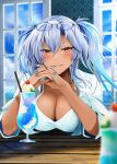  1girl blurry blurry_background blurry_foreground breasts brown_eyes cleavage collared_shirt cup dark-skinned_female dark_skin drinking_glass drinking_straw elbow_rest elbows_on_table eyewear_on_head food fruit grey_hair hair_between_eyes interlocked_fingers kantai_collection large_breasts long_hair musashi_(kancolle) nail_polish parted_lips shirt short_sleeves smile solo two_side_up white_shirt yunamaro 