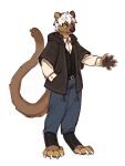 anthro asnnonaka black_clothing black_jacket black_nose black_topwear blue_bottomwear blue_clothing blue_pants bottomwear brown_body brown_fur brown_tail claws closed_smile clothed clothing full-length_portrait fur glistening glistening_eyes hair hand_in_pocket hi_res jacket looking_at_viewer male mouth_closed pants pockets portrait pupils short_hair simple_background slit_pupils solo species_request three-quarter_view topwear unsigned white_background white_claws white_clothing white_hair white_topwear yellow_eyes 