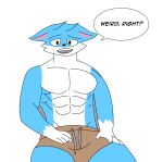 abs absurd_res anthro black_pupils bulge caleeexishbad calix_snowdawn canid canine clothed clothing dialogue fox half_naked hands_on_thighs hi_res human humanoid looking_at_viewer male mammal muscular open_mouth pecs pupils solo speech_bubble talking_to_viewer text thick_thighs what 