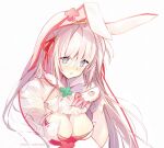  1girl animal_ears bangs blue_eyes blush bow breasts bridal_veil bunny_day cleavage clover cross-shaped_pupils elphelt_valentine english_commentary fake_animal_ears four-leaf_clover gloves guilty_gear guilty_gear_xrd hair_between_eyes hair_bow hand_on_own_chest kana_yukino large_breasts patreon_username rabbit_ears red_bow short_hair sidelocks simple_background solo upper_body veil white_background white_gloves 