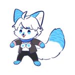  1:1 anthro asnnonaka black_bottomwear black_clothing black_pants black_topwear blue_body blue_ears blue_eyes blue_fur blue_tail bottomwear canid cheek_tuft chibi clothed clothing facial_tuft front_view full-length_portrait fur hair male mammal open_mouth open_smile pants portrait red_tongue short_hair simple_background smile solo standing tongue topwear tuft unsigned white_background white_body white_clothing white_fur white_hair white_inner_ear white_tail white_topwear 