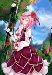  1girl ;) absurdres bangs blue_sky blurry blurry_background closed_mouth cloud dress english_commentary flower hair_flower hair_ornament highres long_hair looking_at_viewer medium_hair nijisanji nijisanji_en one_eye_closed one_side_up orchid_(orukido) outdoors pink_eyes pink_hair pink_nails red_dress red_flower red_rose rose rosemi_lovelock shirt sky smile solo tree white_flower white_rose white_shirt 