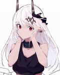  1girl arknights bangs bare_arms bare_shoulders black_collar collar hair_between_eyes highres horns infection_monitor_(arknights) long_hair looking_at_viewer mudrock_(arknights) pointy_ears red_eyes simple_background solo sports_bra tetuw upper_body white_background white_hair 