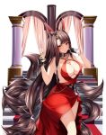  1girl absurdres akagi_(azur_lane) akagi_(ruby-laced_beauty)_(azur_lane) animal_ears artist_request azur_lane black_gloves blush breasts brown_hair brown_tail champagne_flute choker cleavage_cutout clothing_cutout cocktail_dress cup dress drinking_glass feather_boa finger_in_own_mouth fingerless_gloves gloves highres jewelry kitsune large_breasts light_smile looking_at_viewer multiple_tails nipple_slip nipples red_dress sakura_empire_(emblem) stairs tagme tail 