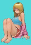  1girl absurdres bare_shoulders barefoot blonde_hair blue_background blue_eyes chanta_(ayatakaoisii) closed_mouth crop_top dolphin_shorts glasses highres jacket light_frown looking_at_viewer original rectangular_eyewear red-framed_eyewear red_shorts shorts simple_background sitting solo 