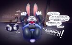  anthro ball_gag bdsm blush bondage bound buckteeth butt creamgag cuff_(restraint) dialogue disney english_text female gag handcuffs hi_res judy_hopps lagomorph legs_over_head leporid lying mammal metal_cuffs offscreen_character on_back pipe rabbit restraints solo teeth text zootopia 