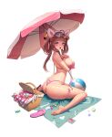  1girl ahoge animal_ears bangs basket bikini blanket breasts brown_hair character_request coa_(u6u612) destiny_child eyewear_on_head fake_animal_ears flip-flops heart heart-shaped_eyewear large_breasts long_hair looking_at_viewer official_art open_mouth parasol pink_bikini pink_eyes sandals simple_background sitting solo swimsuit thigh_strap transparent_background umbrella wariza 