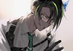  1boy aragami_oga bespectacled black_gloves black_hair collared_shirt curtained_hair dark-skinned_male dark_skin earrings glasses gloves green_eyes green_hair green_necktie grin harness highres holostars horn_ornament horns ice_horns jewelry looking_at_viewer male_focus moneko multicolored_hair necktie official_alternate_costume pouch sharp_teeth shirt short_hair signature single_horn smile solo streaked_hair teeth upper_body virtual_youtuber white_background white_shirt 