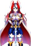 1girl alear_(fire_emblem) alear_(fire_emblem)_(female) alear_(fire_emblem)_(female)_(cosplay) animal_ears armor black_hair blue_hair braid breasts cosplay crown_braid fire_emblem fire_emblem_engage garter_straps hakos_baelz highres holding holding_sword holding_weapon hololive hololive_english long_hair looking_at_viewer medium_breasts mouse_ears mouse_girl multicolored_hair red_hair sereneandsilent split-color_hair streaked_hair sword very_long_hair virtual_youtuber weapon white_hair 