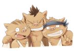  2015 anthro biped brown_body clothed clothing embrace group hug humanoid_hands kemono kinoshita-jiroh male mammal simple_background suid suina sus_(pig) the_spicy_ninja_scrolls wild_boar 