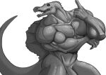  5_fingers abs anthro barazoku biceps butt dinosaur fingers genitals greyscale hi_res long_tail looking_at_viewer male monochrome muscular muscular_anthro muscular_male open_mouth pecs penis pinumontbalou pose reptile scales scalie smile solo spinosaurid spinosaurus teeth theropod 