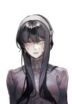  1girl bangs black_hair blood blood_on_face blood_on_hands bruise clenched_teeth elico79068549 hair_between_eyes highres injury long_hair looking_at_viewer parted_lips simple_background solo spy_x_family teeth very_long_hair white_background yor_briar 