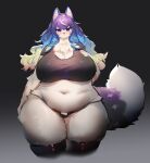  absurd_res anthro big_breasts big_tail biped black_background black_clothing black_legwear black_nose black_pupils black_shirt black_thigh_highs black_thong black_topwear black_underwear blonde_hair blue_hair blush breasts canid canine canis chest_tuft claws cleavage clothed clothing colored crop_top curvy_figure digital_media_(artwork) dipstick_tail eyelashes female finger_claws fingers fluffy fluffy_tail front_view fully_clothed fur glistening glistening_body glistening_clothing glistening_fur glistening_hair glistening_legwear glistening_shirt glistening_topwear gradient_background gradient_hair grey_background hair hekate_(tas) hi_res huge_breasts kemono legwear lifewonders long_hair looking_at_viewer mammal markings midriff monotone_ears multicolored_body multicolored_fur multicolored_hair multicolored_tail navel portrait pupils purple_body purple_claws purple_ears purple_eyes purple_fur purple_hair purple_tail shaded shirt simple_background skimpy slightly_chubby solo standing tail_markings thick_tail thick_thighs thigh_highs thong three-quarter_portrait tokyo_afterschool_summoners topwear translucent translucent_clothing translucent_shirt translucent_topwear tuft two_tone_body two_tone_fur two_tone_tail underwear utterangle video_games voluptuous white_body white_fur white_markings white_tail wide_hips 
