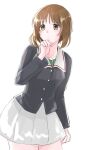  1girl brown_eyes brown_hair cowboy_shot expressionless girls_und_panzer hand_up highres looking_at_viewer miniskirt nishizumi_miho ooarai_military_uniform school_uniform short_hair sketch skirt solo sor_(mens0011) standing white_background 