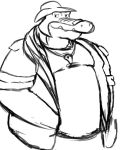  2022 alligator alligatorid anthro belly brok_(character) brok_the_investigator clothing crocodilian hat headgear headwear male overweight overweight_male reptile scalie shirt simple_background sketch solo topwear video_games 
