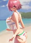  1girl absurdres ass bare_arms bare_shoulders beach bikini black-framed_eyewear blurry blurry_background breasts cowboy_shot day depth_of_field eyes_visible_through_hair fate/grand_order fate_(series) from_side glasses hair_over_one_eye highres large_breasts looking_at_viewer looking_to_the_side mash_kyrielight mash_kyrielight_(swimsuit_of_perpetual_summer_ver.02) multicolored_bikini multicolored_clothes outdoors outstretched_hand parted_lips pink_hair purple_eyes red_ribbon revision ribbon rororo see-through short_hair side-tie_bikini_bottom smile solo swimsuit 